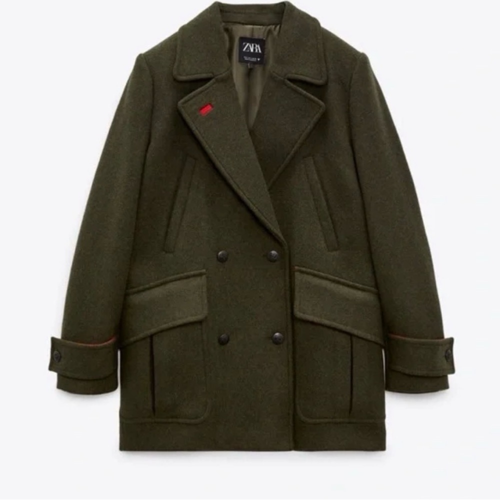 Zara Olive Green/Red Wool Blend Coat Excellent Condition XS